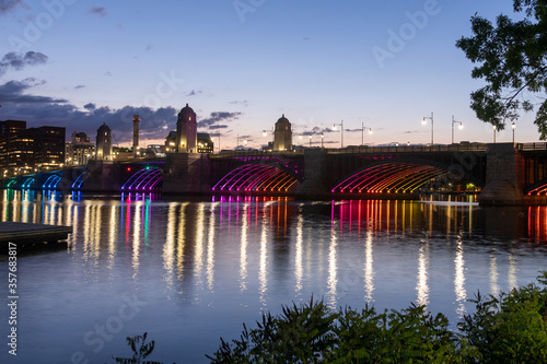 The night time Boston skyline and the Longfellow Bridge