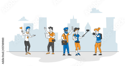 Male and Female Tourist Characters Visit Sightseeing with Guide Making Pictures on Photo Camera. Foreign Journey, Travel Agency Service, Traveling People on Excursion. Linear Vector Illustration