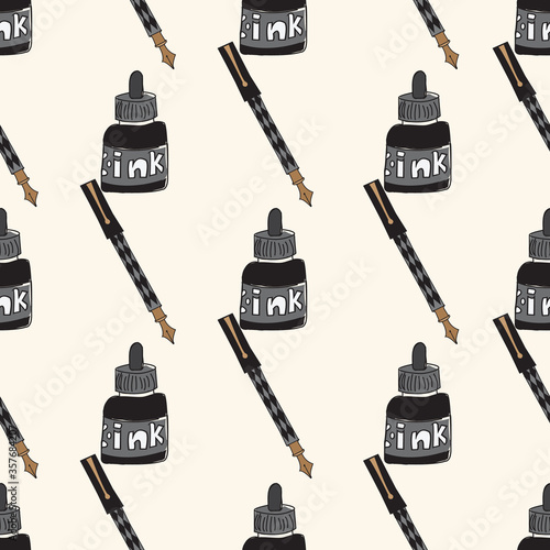 Art supplies, pen and ink bottle on cream background, vector illustration, vector illustration surface design