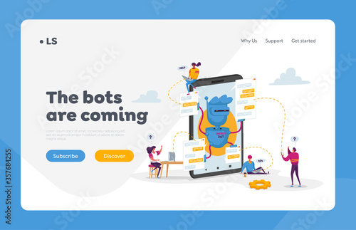 Artificial Intelligence Landing Page Template. Tiny Characters at Huge Mobile with Robot Assistant. Chatbot Help Online Answer Questions, Ai Cyborgs Faq Service. Cartoon People Vector Illustration