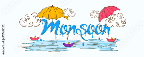 Happy Monsoon season calligraphy creative hand drawn text with umbrella, clouds and paper boat.