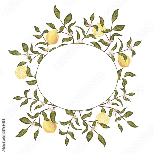 Round botanical frame with lemons and flowers. Vector hand drawn illustration. Isolated on white. Perfect for wedding invitations  greeting cards  natural cosmetics  prints  posters  packing and tea.