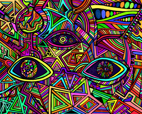 Psychedelic shamanic variegated eyes crazy patterns. Fantastic art with decorative eyes
