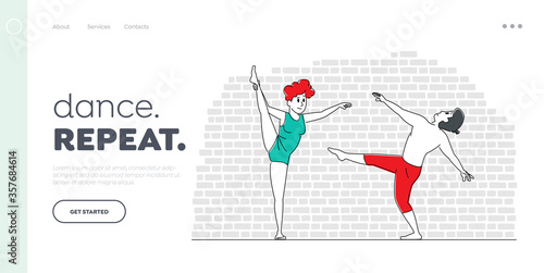 Dancing Hobby, Leisure or Sparetime Landing Page Template. Young People Dance. Characters in Sports Clothing Perform Acrobatics or Ballet Elements Move Body to Music Rhythm. Linear Vector Illustration © Hanna Syvak