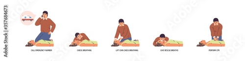 Set of stages to perform emergency first aid vector flat illustration. Instruction to medical cardiopulmonary resuscitation procedure isolated. Technique for chest compression to support breath