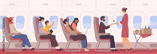 People sit on armchair at airplane side view vector flat illustration. Friendly stewardess with food and drink cart in aisle. Man, woman and kid at cabin interior. Passenger and personnel inside jet