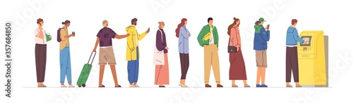 Diverse crowd stand in line to ATM vector flat illustration. Man and woman in queue performing financial transactions isolated on white. People with credit card and cash waiting terminal service