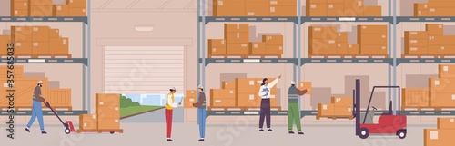 People in safety clothes work at warehouse vector flat illustration. Man and woman inside storage of logistic delivery service. Staff surrounded by boxes on rack and transport of storehouse interior photo
