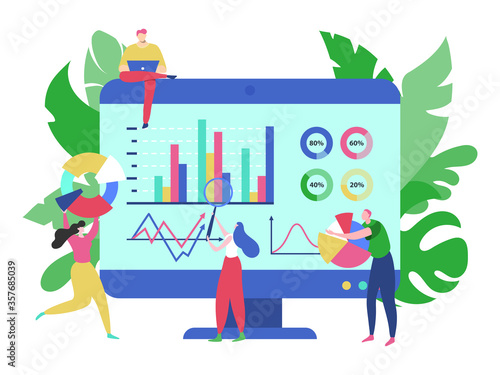 Big data analysis concept, vector illustration. Business people team man woman near big screen with graphs, graph, chart, table and diagram. Finance management, marketing strategy banner.