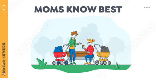 Women Spend Time Sit Outdoors and Chatting Landing Page Template. Girls with Baby Stroller Meeting Friend. Maternity, Parenthood Lifestyle, People Spare Time. Linear Characters Vector Illustration