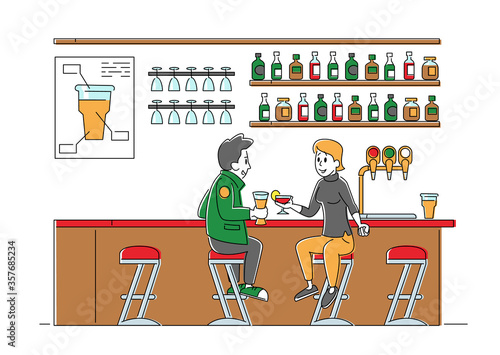 People Visiting Night Club or Beer Pub Concept. Male and Female Characters Sit at High Chairs Drinking Cocktail, Alcohol Beverages on Bar Counter with Bottles on Shelves. Linear Vector Illustration