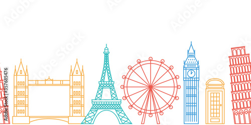 Famous european landmarks in line art style. Illustration suitable for travel, leisure and souvenir themes.