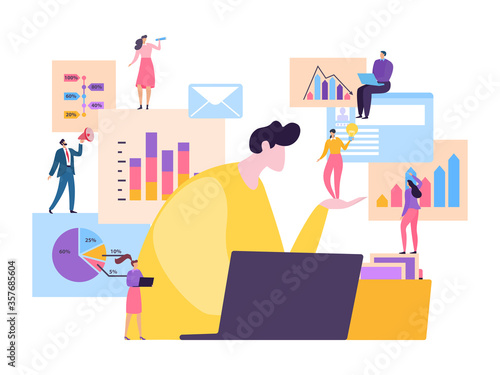 Team workers make business analysis in office vector illustration. Little character people employee with graphs, diagrams and chart help big boss to develop project, idea. Assistant man woman.