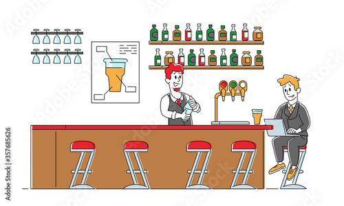Business Man Visiting Beer Pub or Night Club. Male Character Sit at High Chair Drink Alcohol Beverages and Work on Laptop on Bar Counter with Barman Shake Cocktail. Linear People Vector Illustration