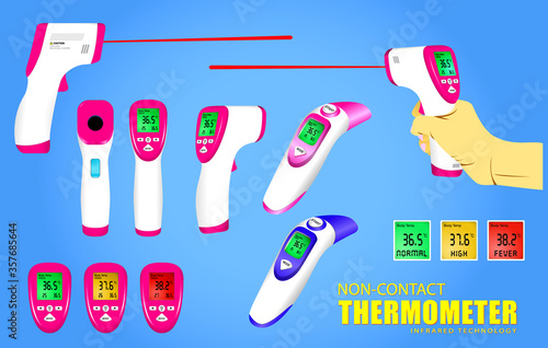 set of non contact thermometer or infrared thermometer gun or electronic temperature thermometer to measures degree before entering. eps 10 vector, easy to modify
