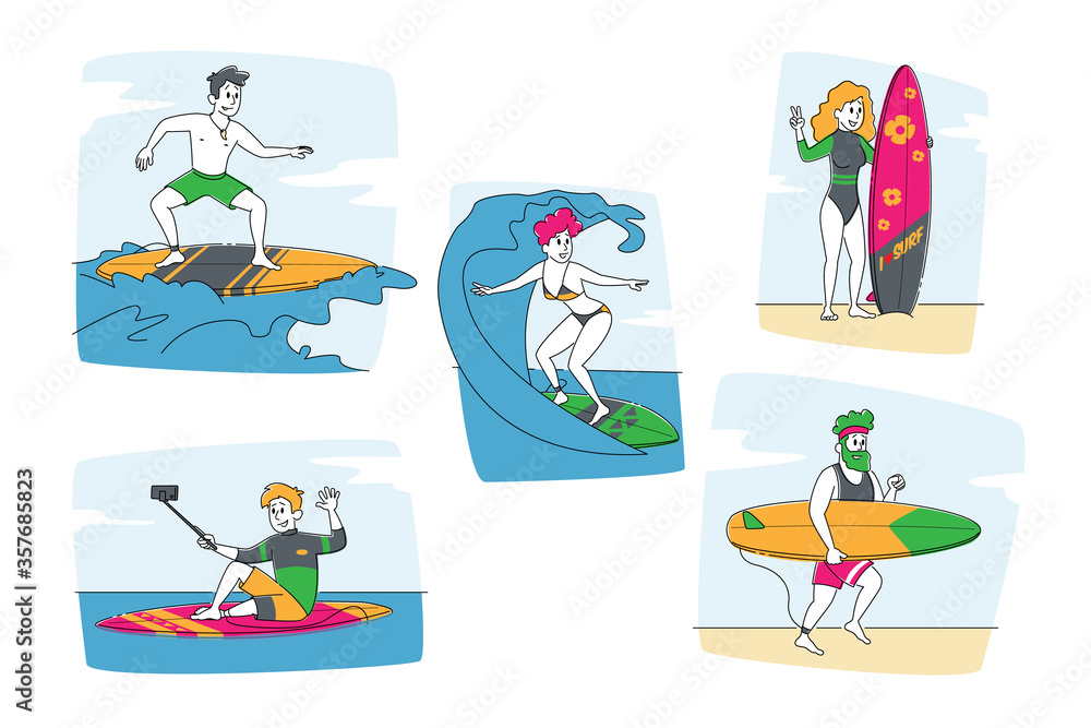 Obraz premium Surfing People Set. Characters in Swimwear Riding Surf Boards by Huge Ocean Waves, Make Selfie. Sports Competition, Summer Sparetime, Sport Activity, Healthy Lifestyle. Linear Vector Illustration