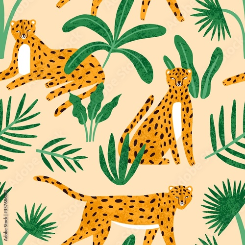 Cute exotic hand drawn leopard with tropical plant seamless pattern. Funny wi...