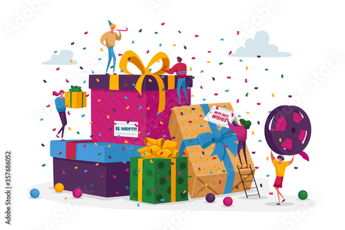 Happy People Carry Wrapped Gift Boxes and Put in Huge Pile. Male and Female Characters Prepare for Christmas. Men Women Buying Presents for Family and Friends on Holidays. Cartoon Vector Illustration