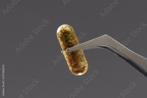 Fotografie Close up of tweezers holding herbal pill, capsule, drug isolated over grey background