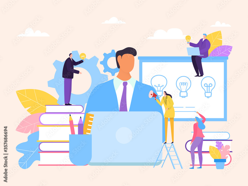 Brainstorming at business meeting concept, vector illustration. Company employees offer ideas to team leader, creative assistance. Little workers with lamps and loudspeaker around big character.