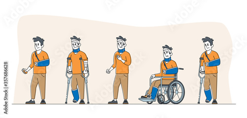 Injured Male Characters Stand in Row. Man on Wheelchair with Bandaged Head, Patients with Broken Hand and Leg, Handicapped Person on Crutches with Feet Bandage. Linear People Vector Illustration