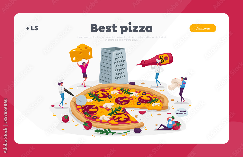 Obraz na plátně Tiny People Eating Huge Pizza Landing Page Template
