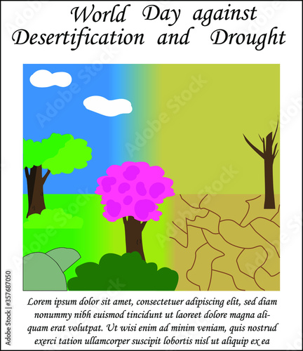 
Día mundial contra la desertificación, ilustración para crear conciencia sobre la sequía y la desertificación, lado izquierdo con naturaleza verde, lado derecho como desierto, texto en la parte baja