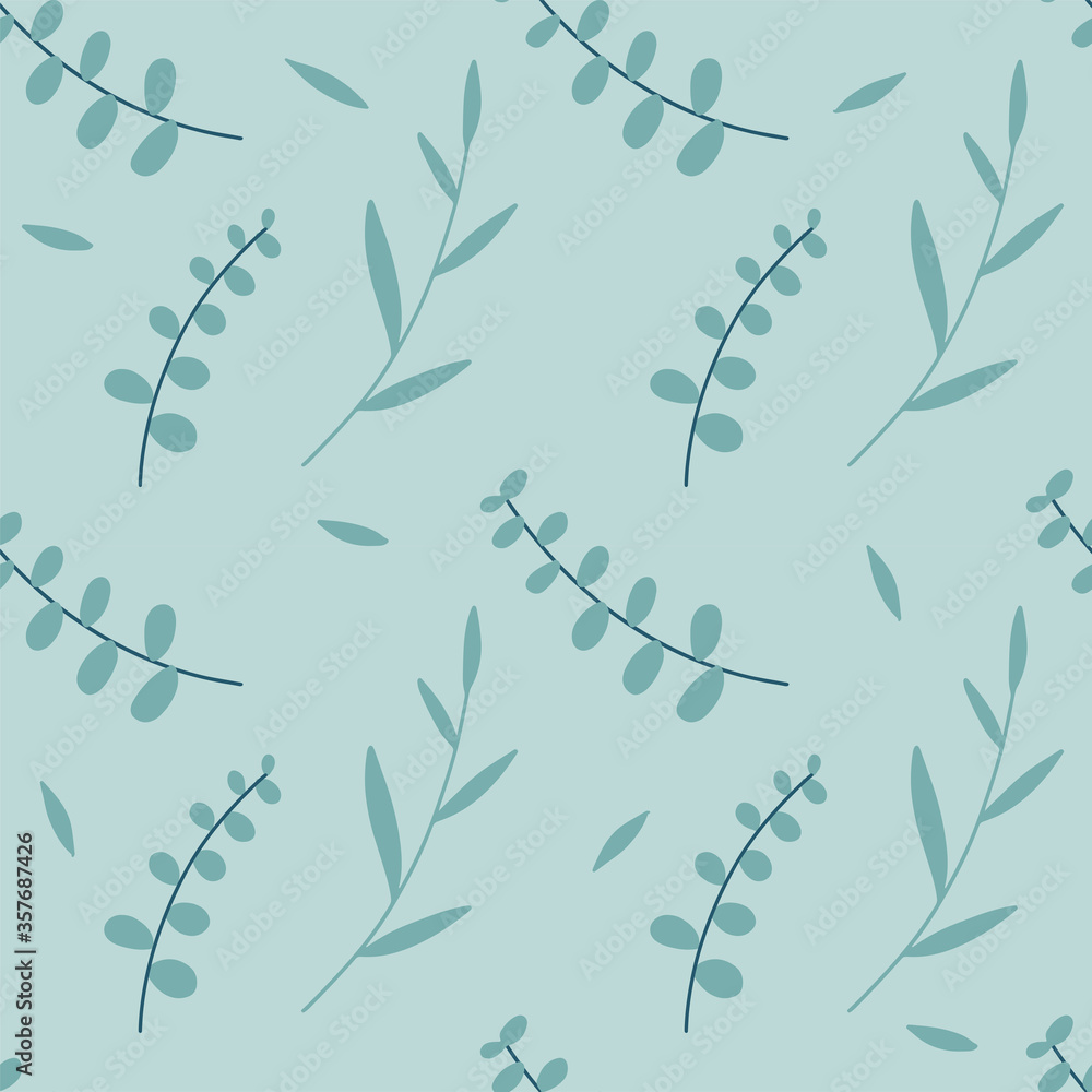 Obraz premium Seamless pattern of Eucalyptus palm fern different tree, natural branches, leaves, herbs, l hand drawn flat silhouette Vector beauty elegant textile print on pale green blue background.