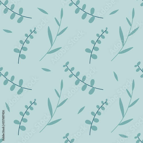 Seamless pattern of Eucalyptus palm fern different tree, natural branches, leaves, herbs, l hand drawn flat silhouette Vector beauty elegant textile print on pale green blue background.