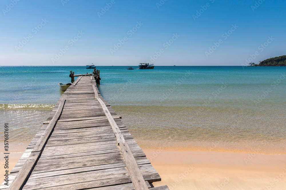 old wooden pier, lazy beach, koh rong samloem island, Sihanoukville, Cambodia.