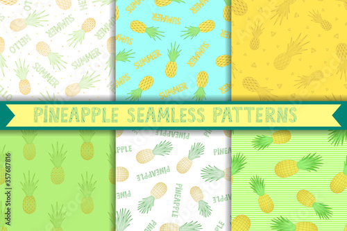 Pineapples seamless patterns set. Tropical vector fruits. Linear style. Doodle. Collection. Decorative lace elements on white background with text. For textiles, fabrics, wallpaper, wrapping paper.