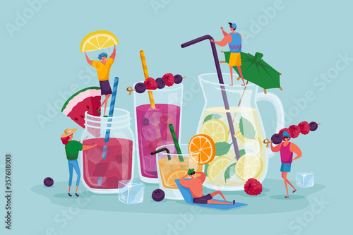 People Drinking Cold Drinks. Tiny Male and Female Characters Choose Different Beverages in Summer Time. Huge Glass Cups with Straw, Fruits, Ice Cubes in Juice Water. Cartoon Vector Illustration