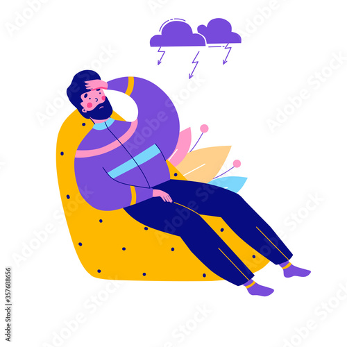 Depression, suffering, sadness, despondency, cartoon flat vector illustration.
