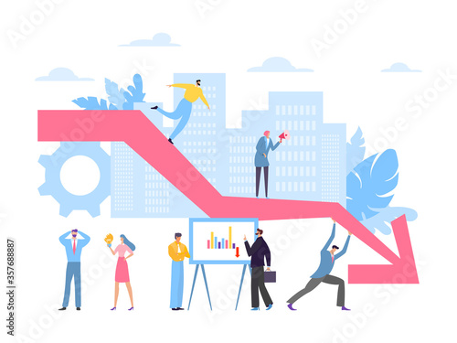 Decline chart, falling business concept vector illustration. Global economic situation, profit collapse. Man and woman workers discuss worsening statistics, broken idea lamp im employee hand.