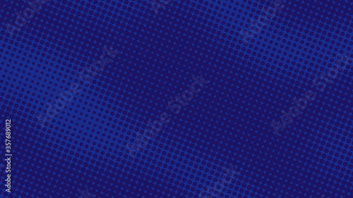 Bright dark blue pop art background in retro comic style with halftone dots design