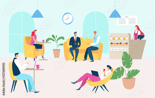 Working people dining time in company cafe, vector illustration. Cafeteria for employees, man woman people relax at couch and armchair with laptop and coffee. Break time, counter with snack.