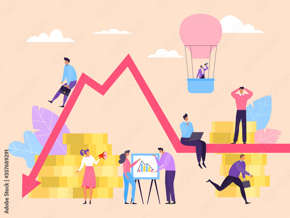 Economic down business crisis, worker panic concept vector illustration. Man and woman on chart looking for ways to solve problem income decline. Workers research statistics, work in laptop. Economic down business crisis, worker panic concept vector illustration. Man and woman on chart looking for ways to solve problem income decline. Workers research statistics, work in laptop.