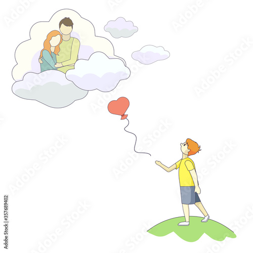 A kid with a heart shaped balloon missing his parents on white isolated background, vector stock illustration in Cartoon style, concept of Family, Love, Loneliness, Orphanhood, Death and Lifetime.