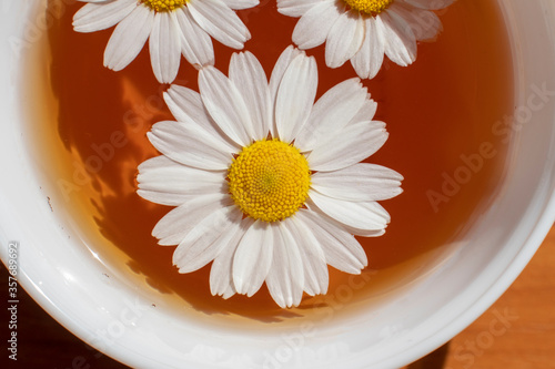 Close-up chamomile is in the cup of tea. Herbal tea of chamomile flower. Chamomile tea concept. Flat lay, top view.