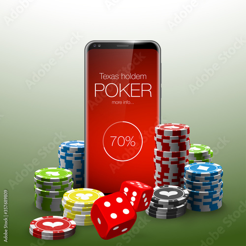 Valokuva illustration Online Poker casino banner with a mobile phone, chips, playing cards and dice