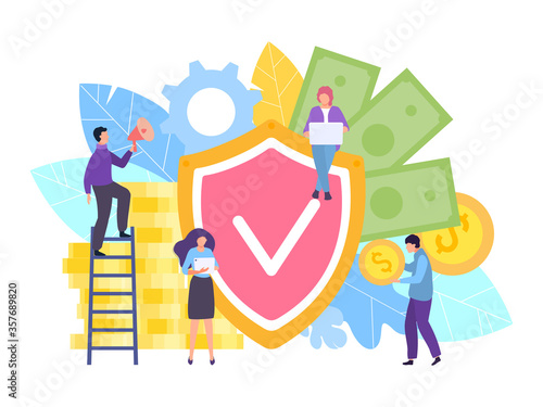 Financial money insurance, vector illustration. Business profit cash currency protection and safety, defending guarantee. Man woman people character with large shield, golden coins.