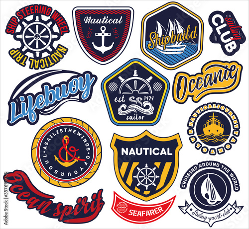 Large selection of nautical and maritime labels or badges with assorted text and icons isolated on white, colored vector illustration