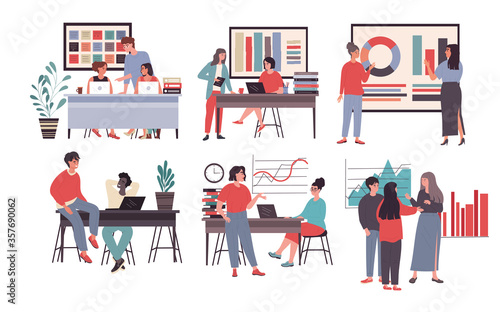 Six office business scenes showing people at work collaborating with colleagues, having discussions and meetings, colored vector illustration