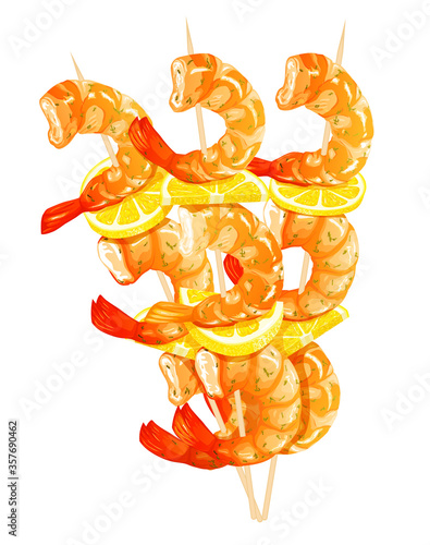 Shrimps shashlik, shrimps without shell, shrimp meat. Boiled Shrimp drawing on a white background.