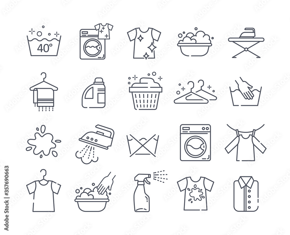 Large set of black and white vector laundry icons showing clean and dirty clothes, hand and machine washing , hangers, soaps and ironing Large set of black and white vector laundry icons showing clean and dirty clothes, hand and machine washing , hangers, soaps and ironing