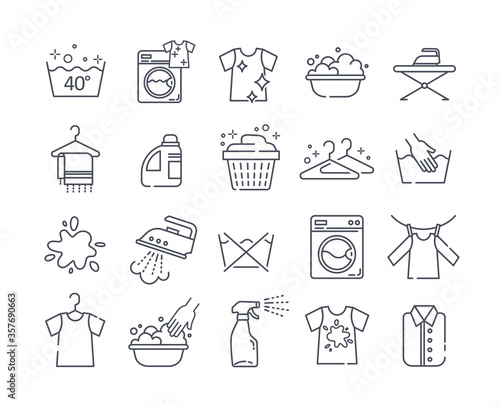 Large set of black and white vector laundry icons showing clean and dirty clothes, hand and machine washing , hangers, soaps and ironing
