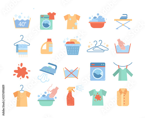 Large set of laundry or washing icons with clothing, machines, hand washing, ironing and hangers isolated on white, colored vector illustration