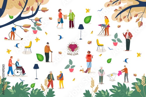 Help in house work for elderly people, vector illustration. Social worker with senior man woman, service for retirement. Volunteer character make purchases, sweep, wash, carry man in wheelchair.