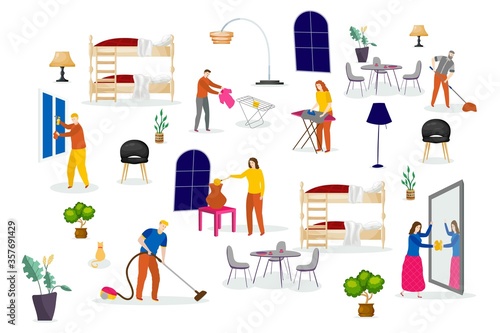 People house work on white background, vector illustration. Man woman character clean up home, vacuum, wash window and mirror, remove dust, wash clothes and ironing. Everyday routine.