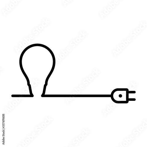 Icono plano lineal silueta de bombilla con cable y enchufe como horizonte en color negro